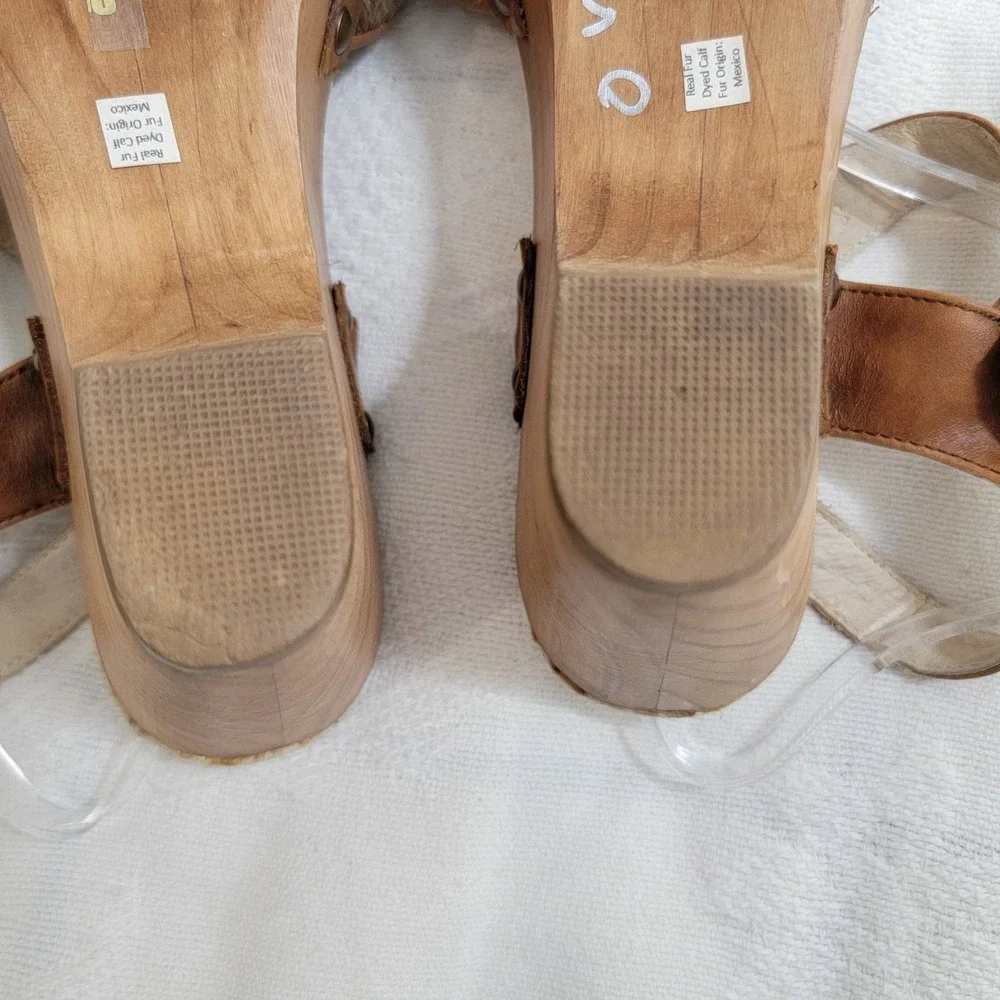 Five Worlds Womens 8 Brown Calf Hair Spotted Wood Wedge Platform Clog Sandals